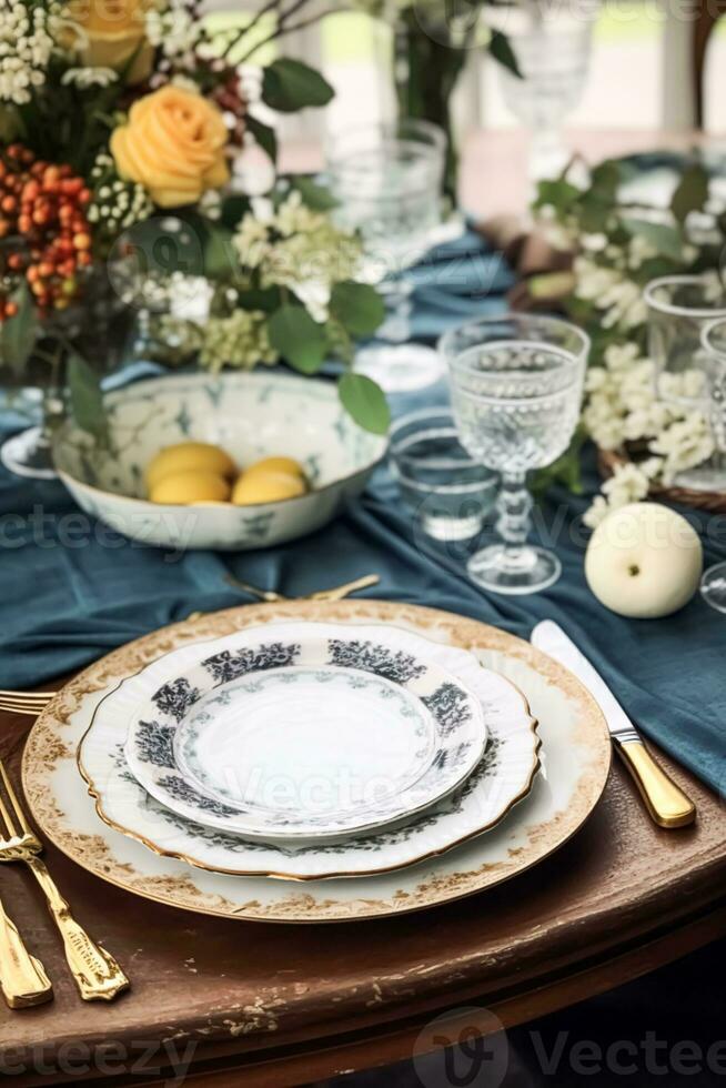 Formal holiday tablescape with blue decor, dinner table setting, table scape with elegant tableware and dinnerware for wedding party and event, generative ai photo