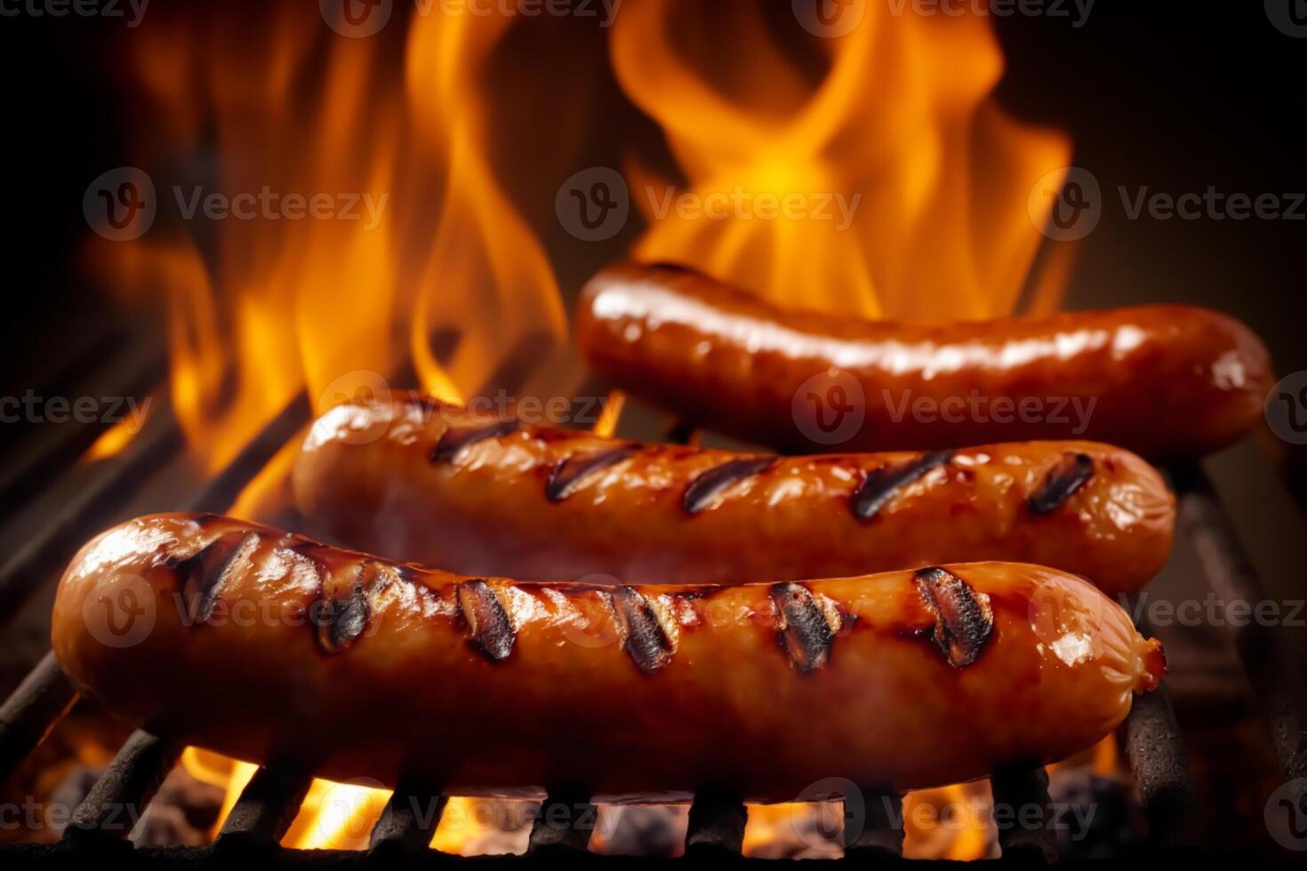Hot spicy meat sausages grilled on fire, food bbq and grill, photo