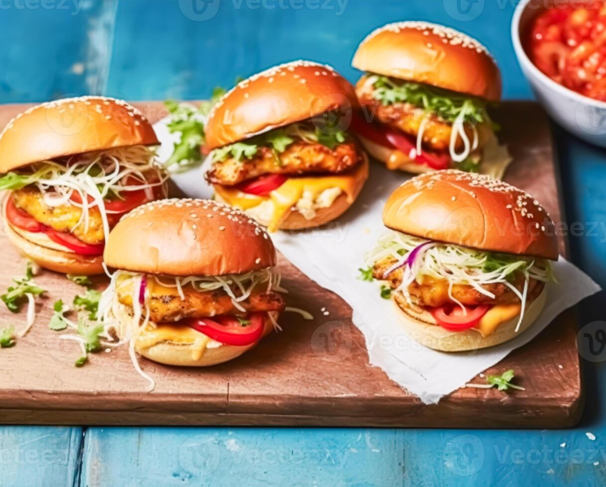 Comfort food and homemade meal recipe, burgers with meat and veggies for lunch or dinner on rustic board and blue table, photo