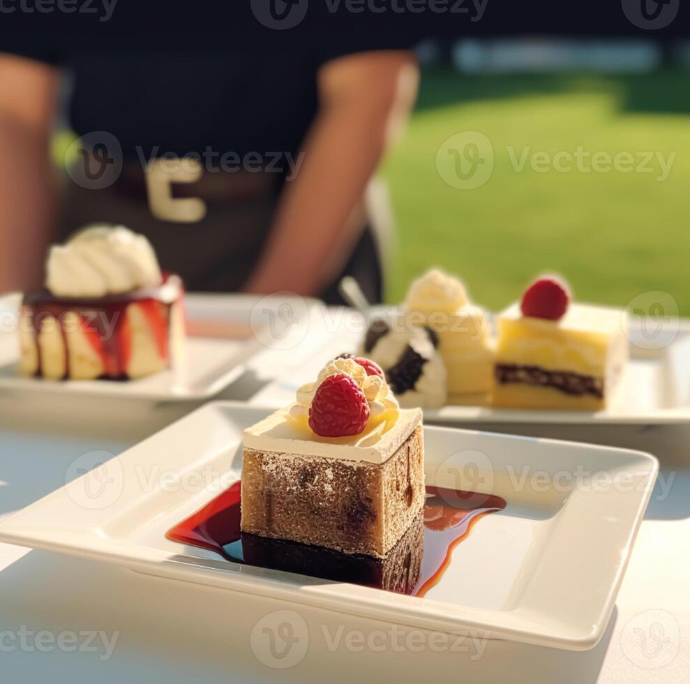 Luxury food service, desserts by a waiter at a wedding celebration or formal event in classic English style at luxurious hotel or country estate, generative ai photo