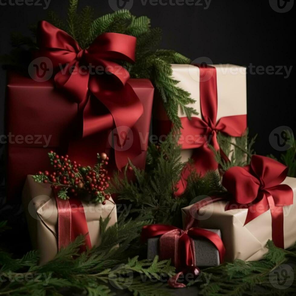 Classic Christmas presents and holiday gifts, wrapped gift boxes under Christmas tree, boxing day and holidays shopping, generative ai photo