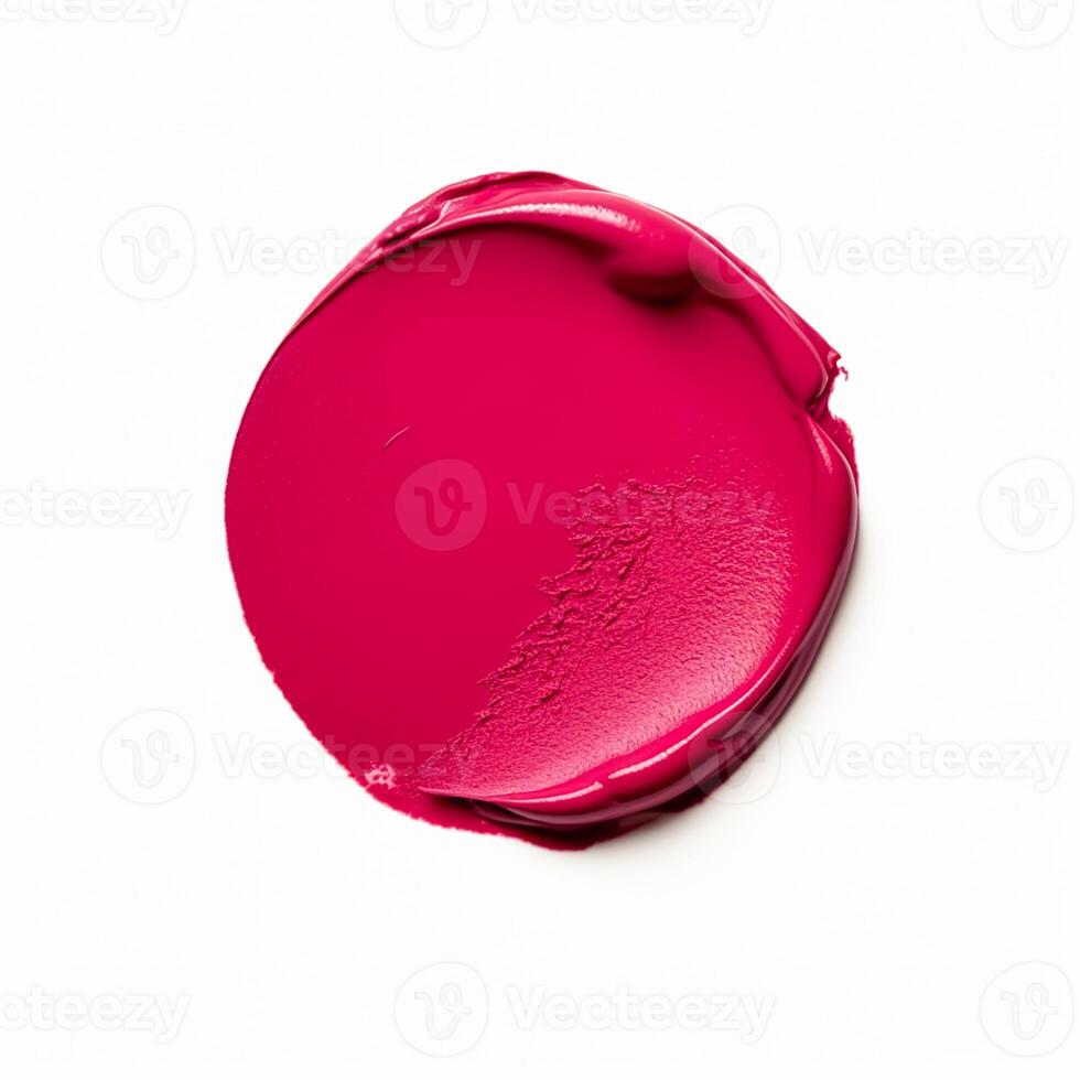 Beauty swatch and cosmetic texture, circle round red lipstick sample isolated on white background, paraffin wax sealing stamp, generative ai photo