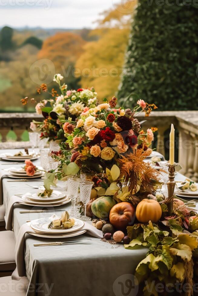 Autumn table scape, autumnal dinner table setting, holiday tablescape for wedding, birthday or party event celebration, generative ai photo