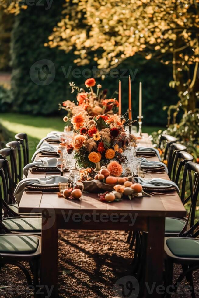 Autumn table scape, autumnal dinner table setting, holiday tablescape for wedding, birthday or party event celebration, generative ai photo