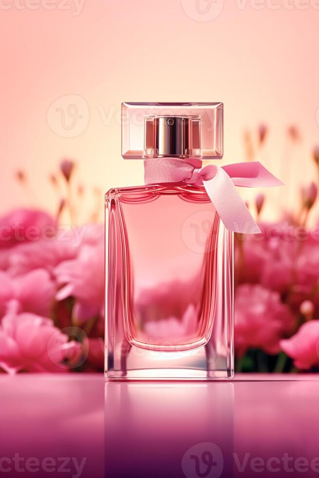 Luxurious floral scent, fragrance bottle and pink flowers, perfume commercial in flower garden, bespoke perfumery and beauty product sale, generative ai photo