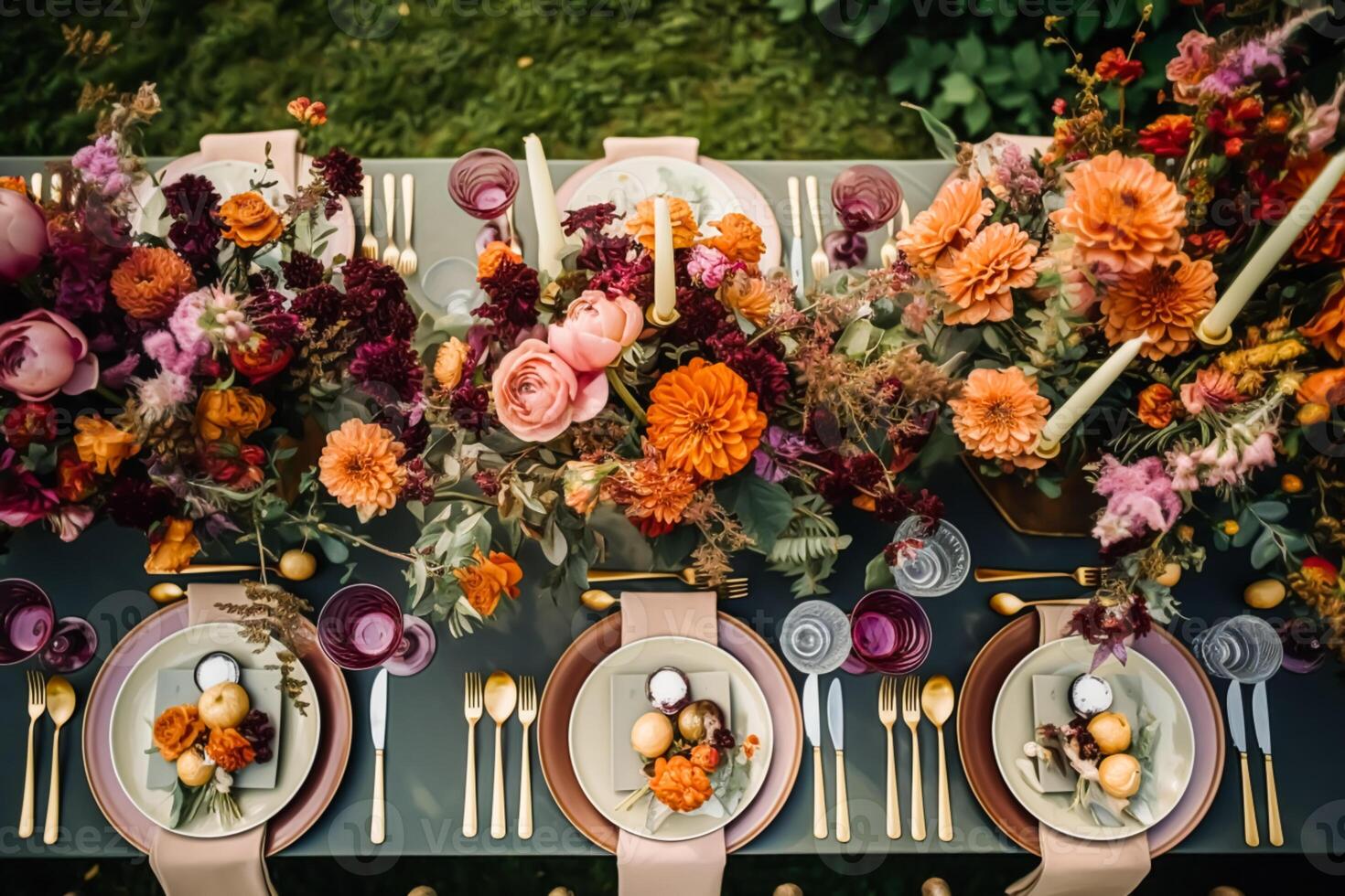 Top view of autumn table scape, autumnal dinner table setting, holiday tablescape for wedding, birthday or party event celebration, photo