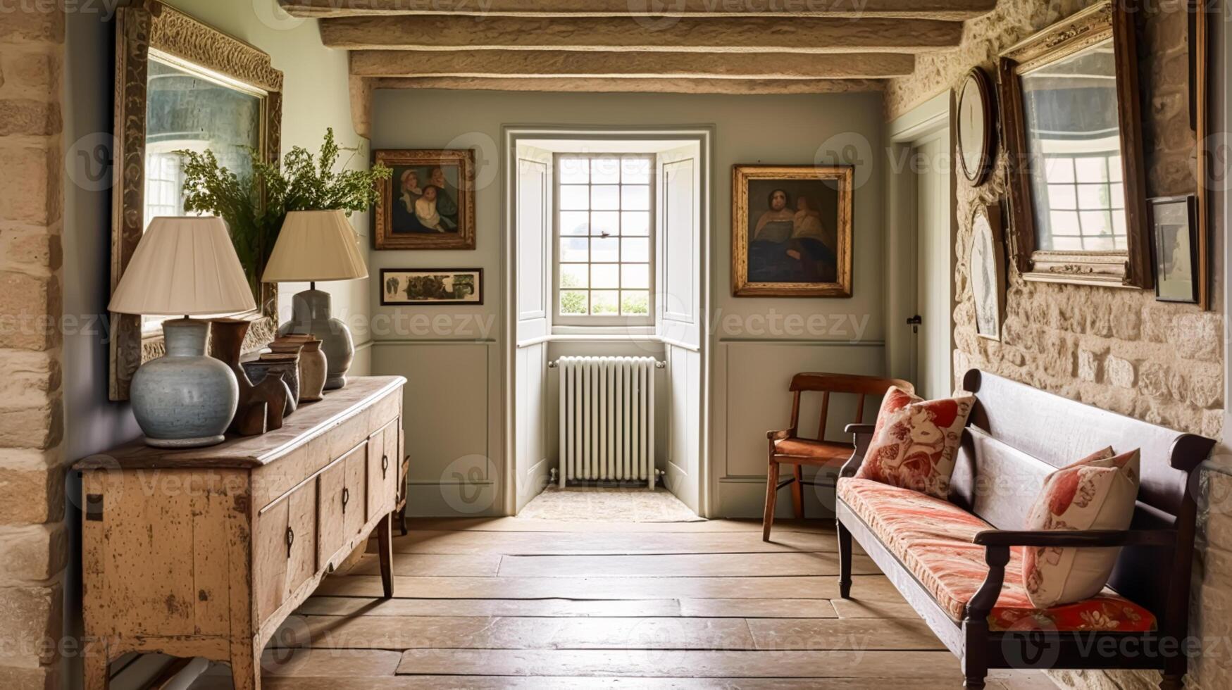 Old cottage hallway decor, interior design and house improvement, antique entryway furniture, stairway and entrance hall home decor in an English country house style, generative ai photo