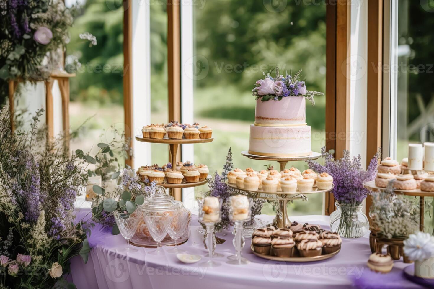 Wedding cake with lavender floral decor, party celebration and holiday dessert in a countryside garden, event food catering, country cottage style, photo