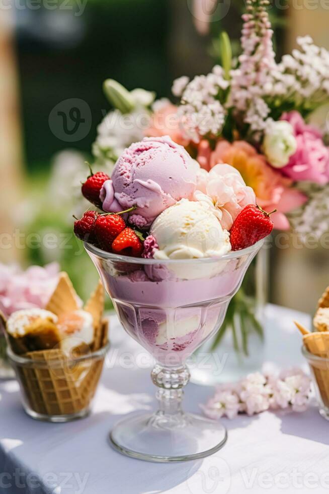 Ice cream desserts buffet table, event food catering for wedding, party and holiday celebration, ice creams and flowers decor in a floral countryside garden, generative ai photo