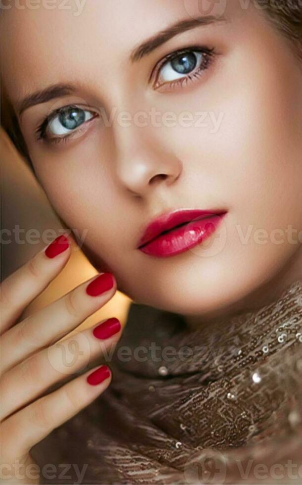 Beauty, makeup and glamour, face portrait of beautiful woman with manicure and red lipstick make-up wearing gold for luxury cosmetics, style and fashion photo