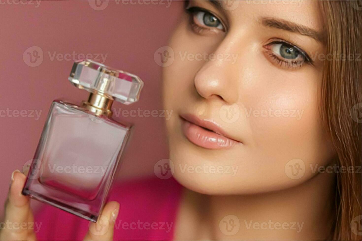 Perfume, beauty product and cosmetics model face portrait on pink background, beautiful woman holding fragrance bottle with floral feminine scent, fashion and makeup photo