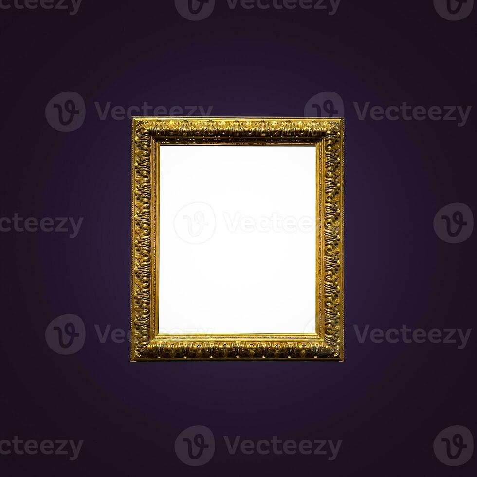 Antique art fair gallery frame on royal purple wall at auction house or museum exhibition, blank template with empty white copyspace for mockup design, artwork photo