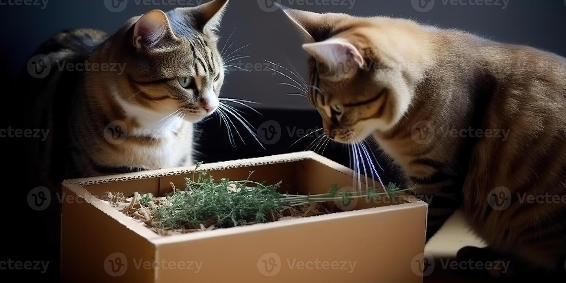 ai generado. ai generativo. gatos con hierba gatera en foto comer sano planta juntos. amor mascota romántico mascotas. gráfico Arte