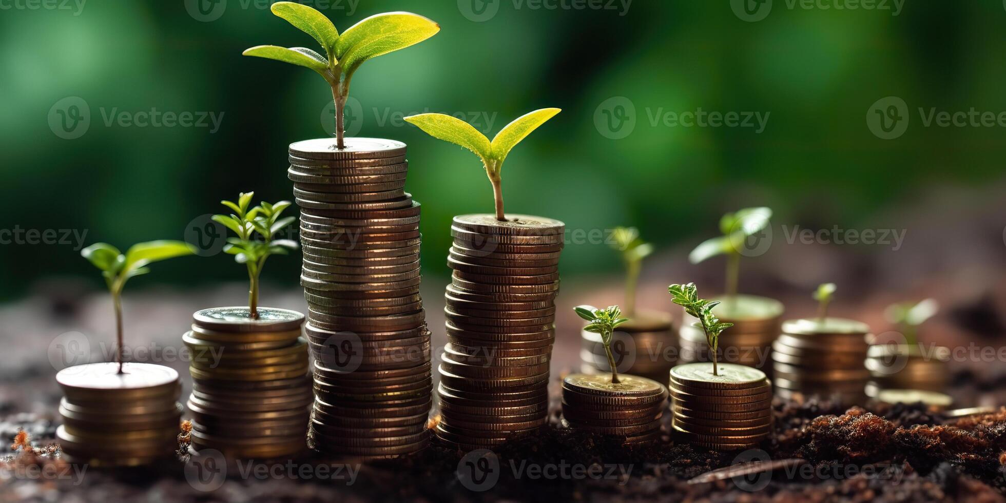 . . Growing finance money stock invest coins jar with green plant. Graphic Art photo