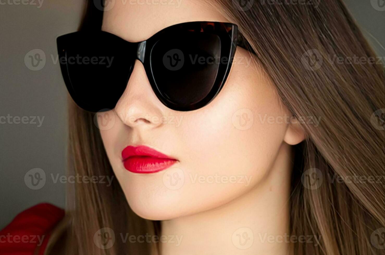 belleza, Moda y estilo, cara retrato de hermosa mujer vistiendo elegante gato ojo Gafas de sol y rojo lápiz labial constituir, lujo accesorio y verano estilo de vida, glamour y elegante Mira foto