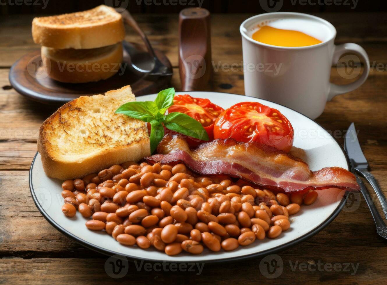 English breakfast with eggs, bacon and beans photo