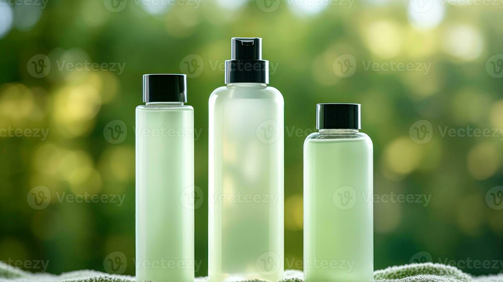 Cosmetic bottles template on green bokeh background photo