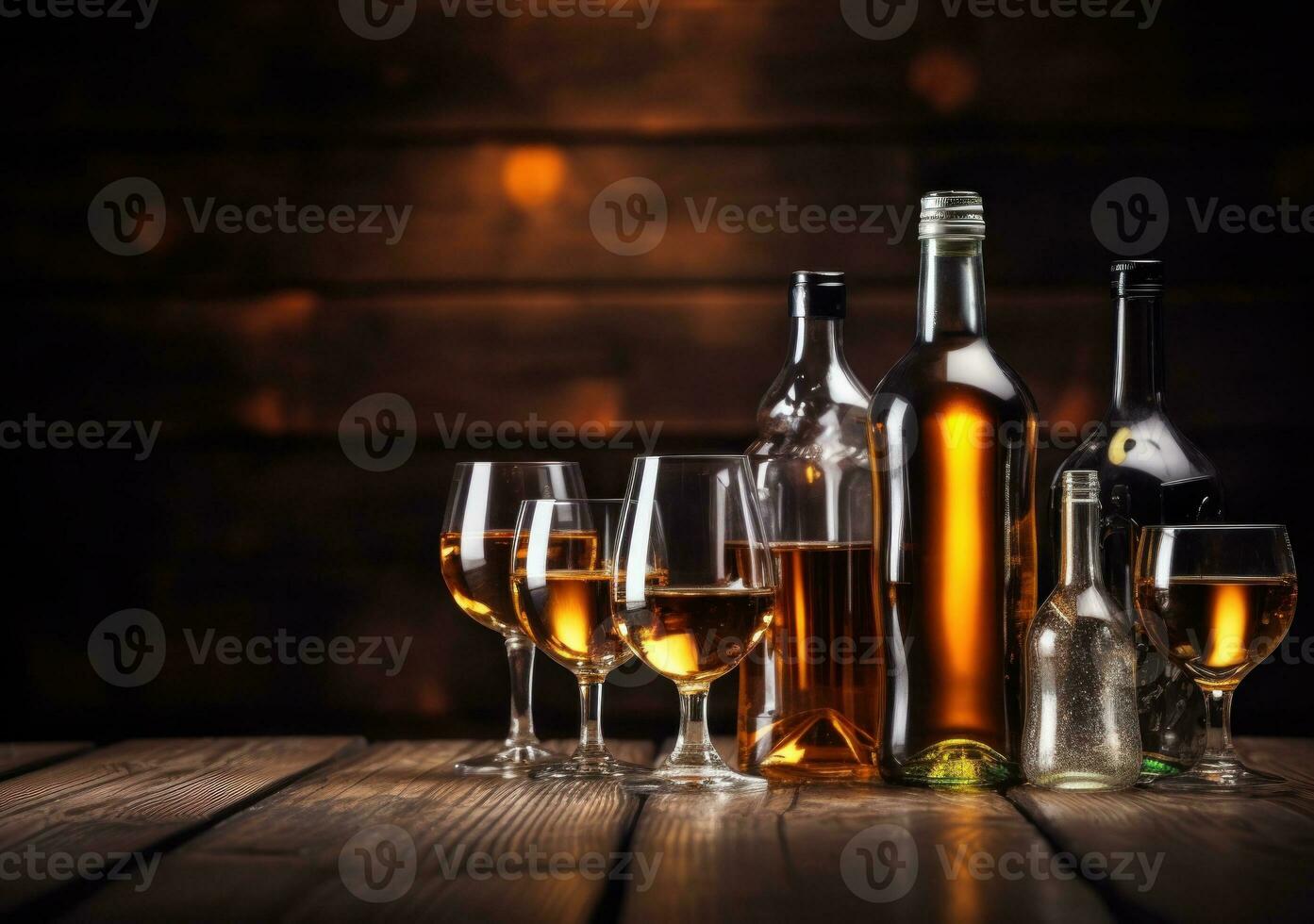 Alcohol drinks on wooden table photo