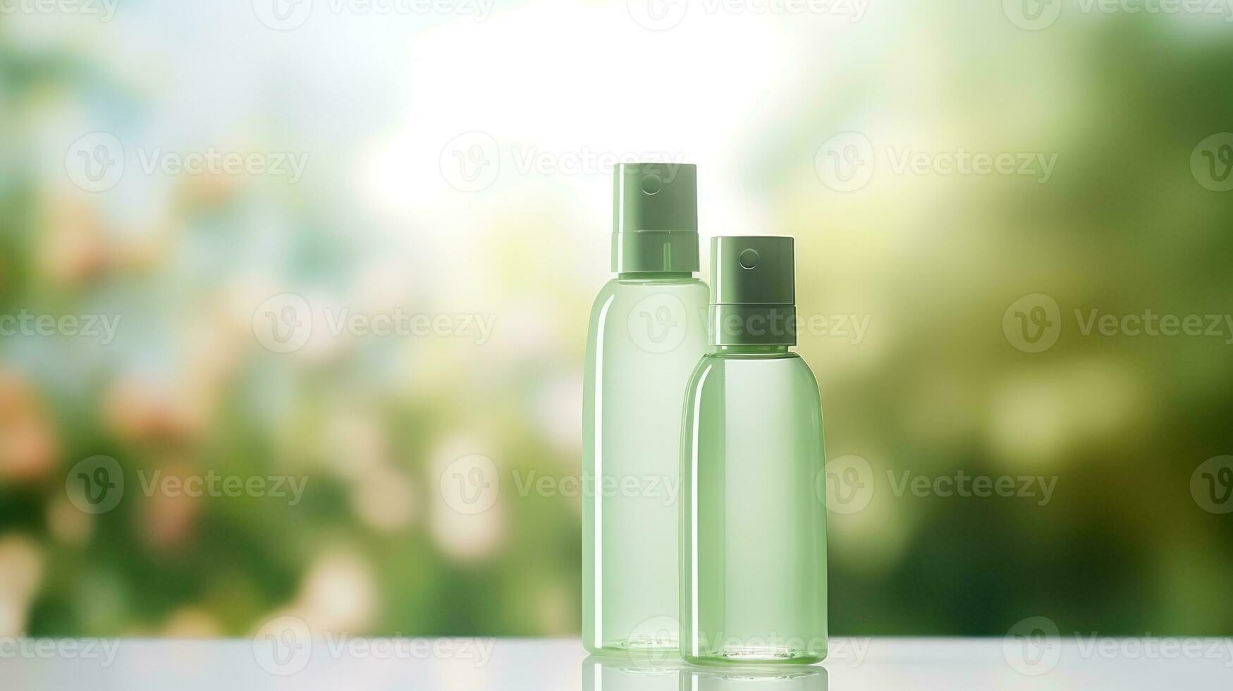 Cosmetic bottles template on green bokeh background photo