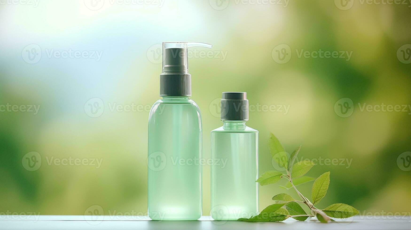 Cosmetic bottles template on green bokeh background photo