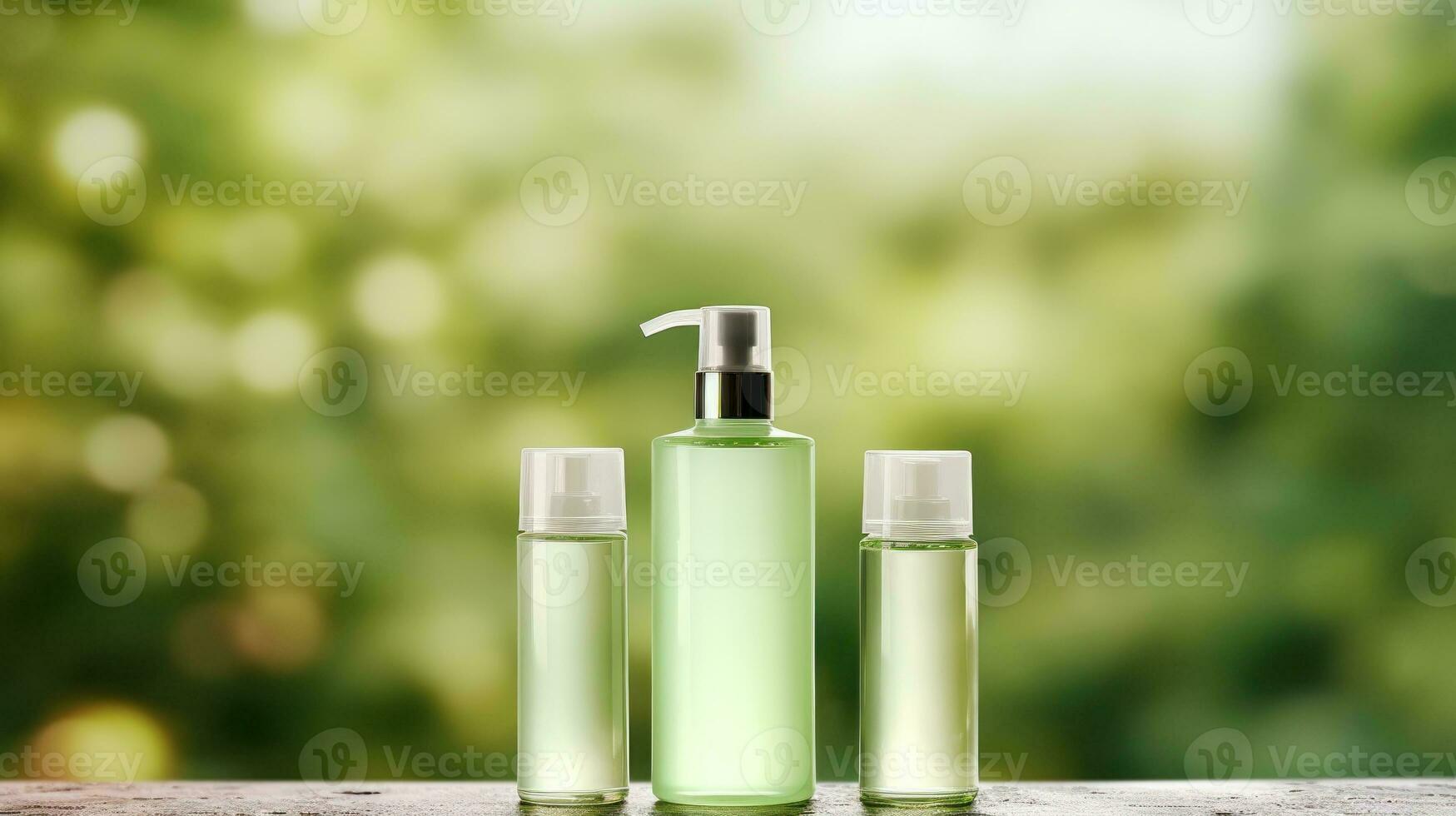 Cosmetic bottles template on green bokeh background photo