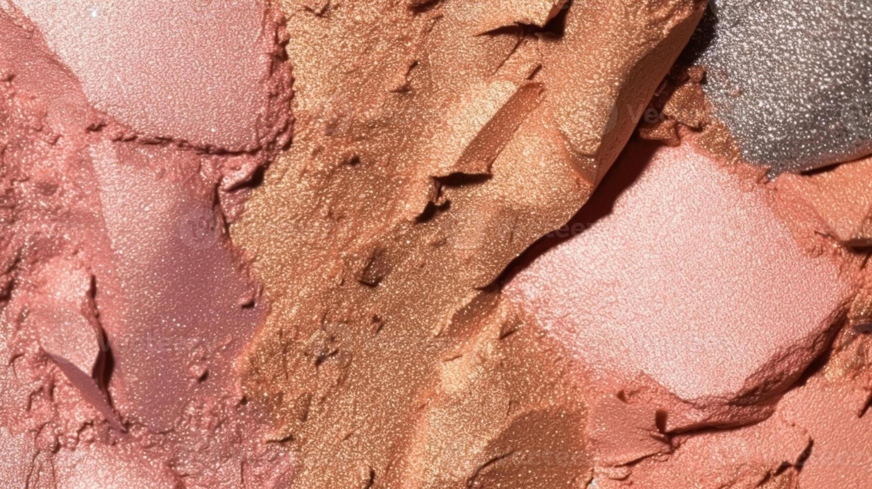 Beauty product texture and crushed cosmetics, pink gold makeup shimmer, blush eyeshadow powder as abstract luxury cosmetic background, photo