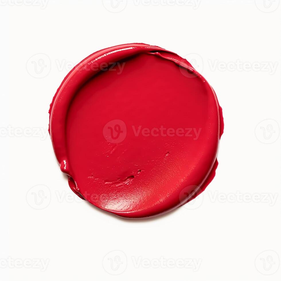 Beauty swatch and cosmetic texture, circle round red lipstick sample isolated on white background, paraffin wax sealing stamp, generative ai photo