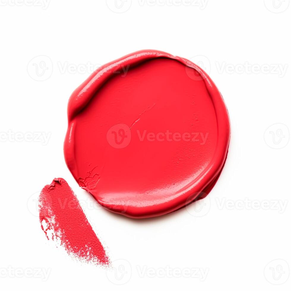 Beauty swatch and cosmetic texture, circle round red lipstick sample isolated on white background, paraffin wax sealing stamp, generative ai photo