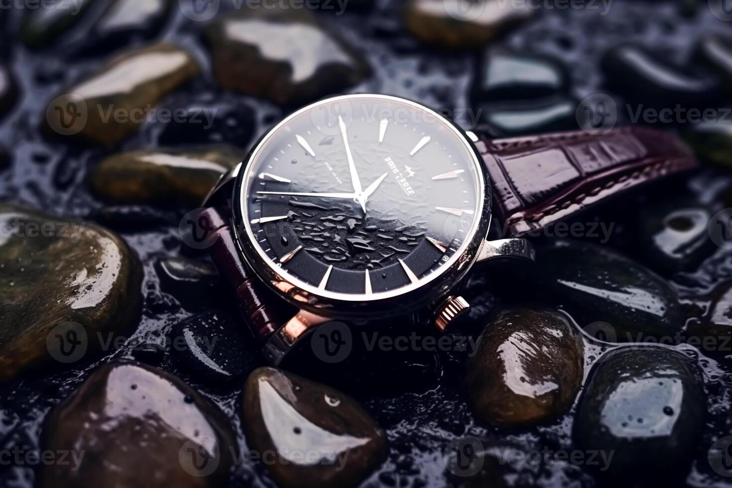 Waterproof luxury mens watch on the stone under the rain, commercial concept, bespoke water resistant design, photo