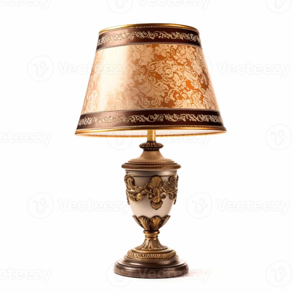 Vintage country style antique table lamp with a beautiful lampshade design isolated on white background, interior design and cottage home decor, post-processed, photo