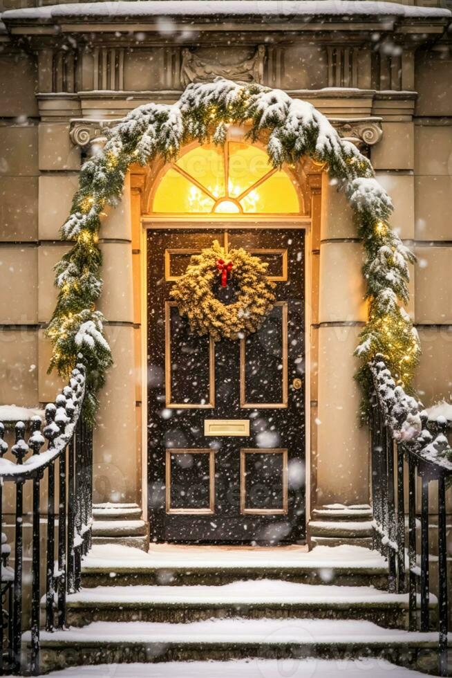 Christmas holiday, country cottage and snowing winter, wreath decoration on a door, Merry Christmas and Happy Holidays wishes, generative ai photo