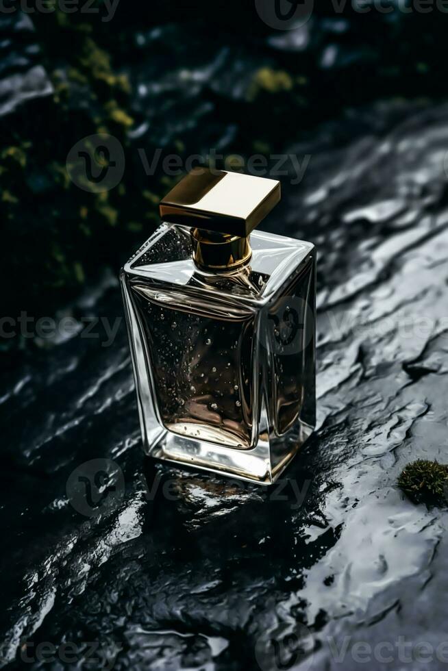 Modern glass men perfume bottle among black rocks in the rain, fragrance and perfumery, post-processed, generative ai photo
