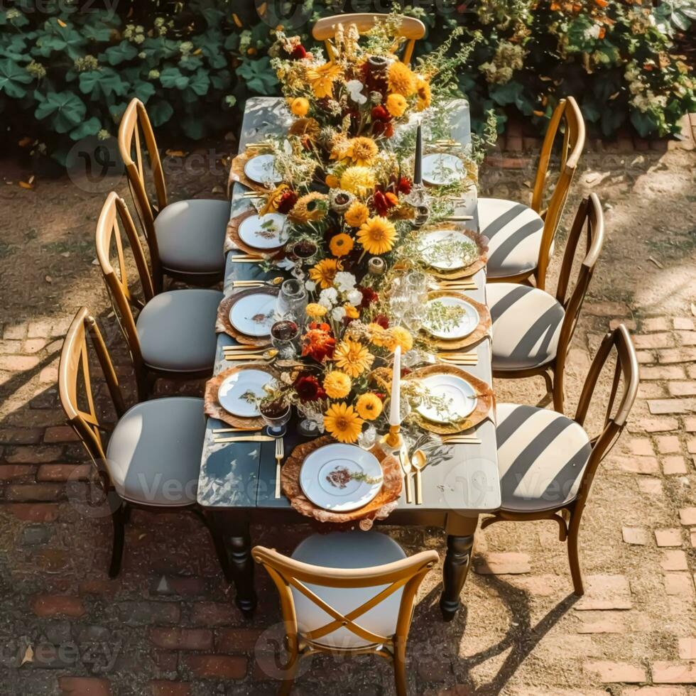 Autumn table scape, autumnal dinner table setting, holiday tablescape for wedding, birthday or party event celebration, generative ai photo