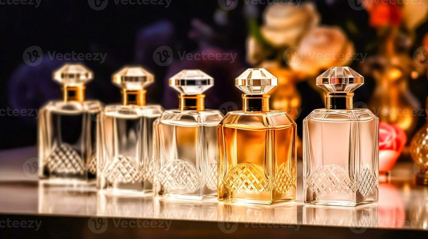 lujo fragancia botellas a perfume olor a presentación evento, hecho a la medida perfumería y belleza producto venta, generativo ai foto