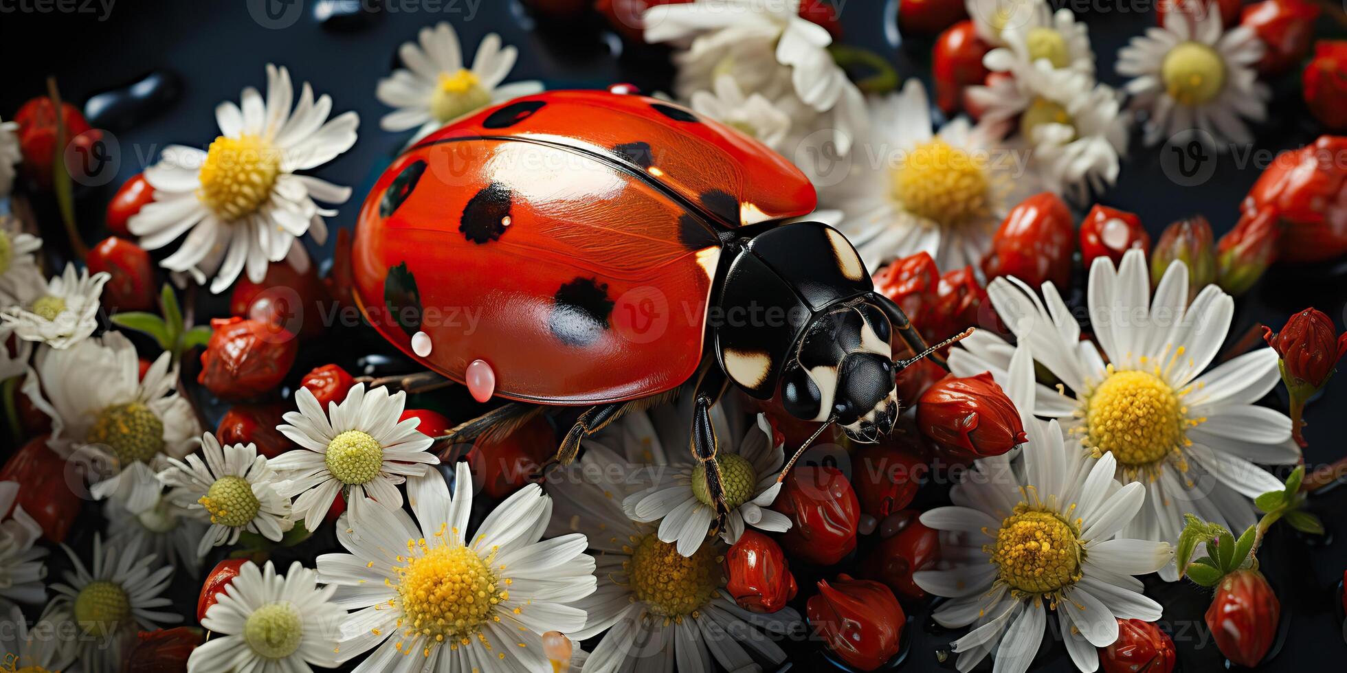 . . Ladybird ladybug on saisies field. Insect nature outdoor landscape background flower leaf and bug. Graphic Art photo