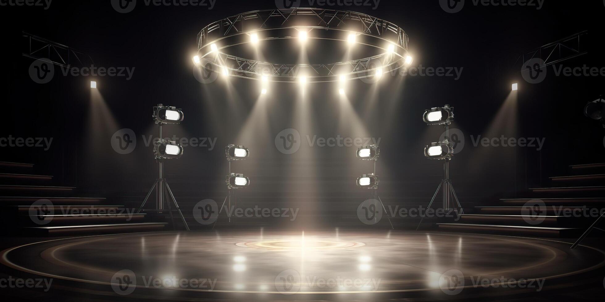 . . Spotlight scene show stage concert music event hall party. Round with ligh lamps shine. Graphic Art photo