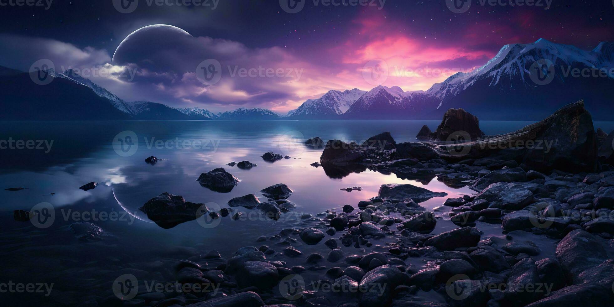 AI Generated. AI Generative. Outdoor nature landscape adventure vacation evening nigh lake with moutaine background. Graphic Art photo