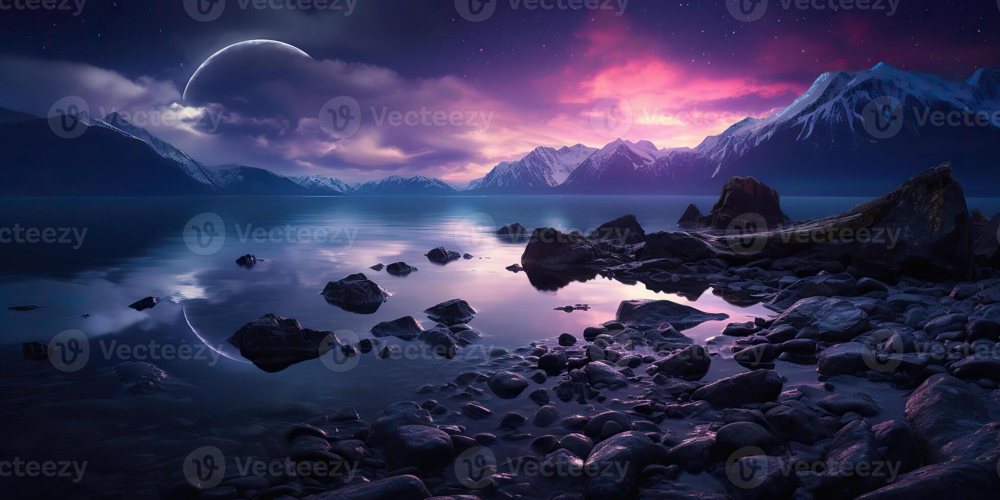 AI Generated. AI Generative. Outdoor nature landscape adventure vacation evening nigh lake with moutaine background. Graphic Art photo