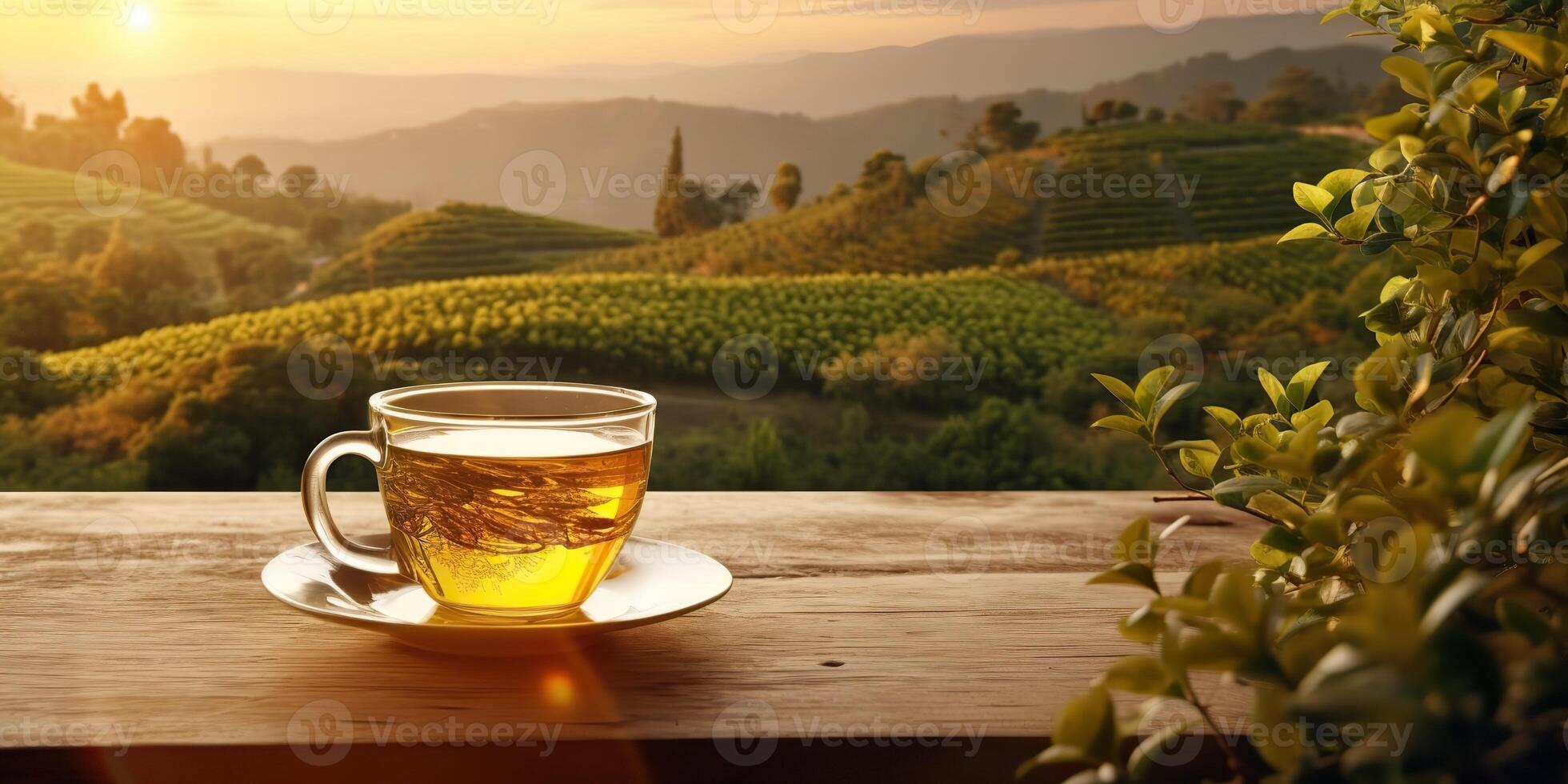 AI Generated. AI Generative. Cup of green tea with field green plantation mountain background scene. Graphic Art photo