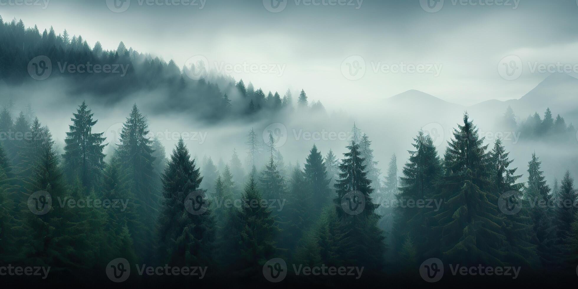 AI Generated. AI Generative. Adventure outdoor nature mist fog clouds forest trees landscape background wild explore. Graphic Art photo