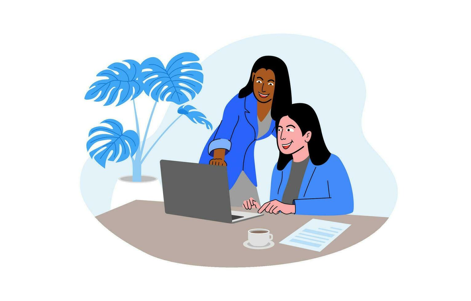 Cartoon Illustration Africa American Women Working Together with Laptop Flat Design Style Collaborative Workflow Concept vector