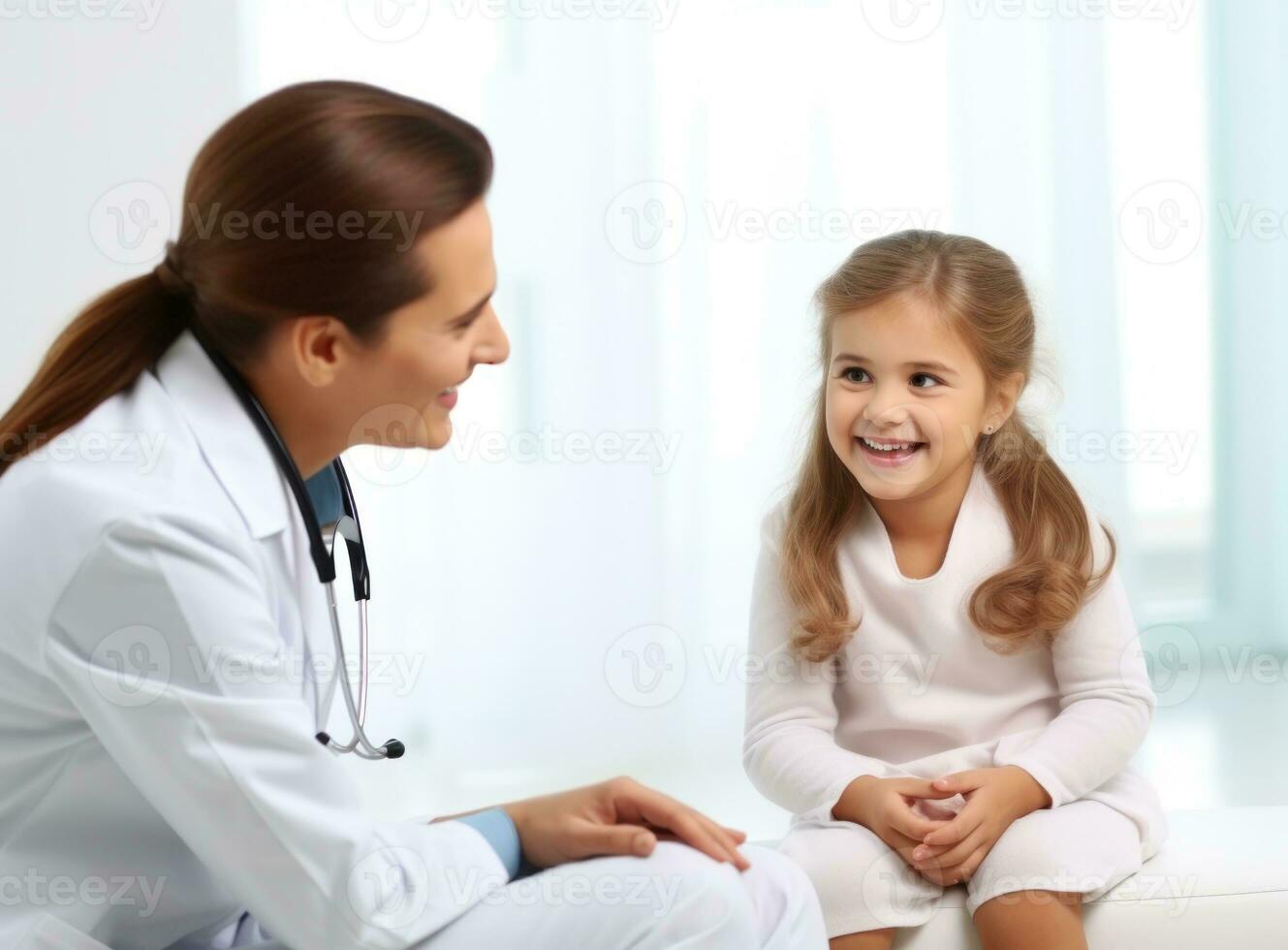 A nurse is looking at an older child with a stethoscope photo