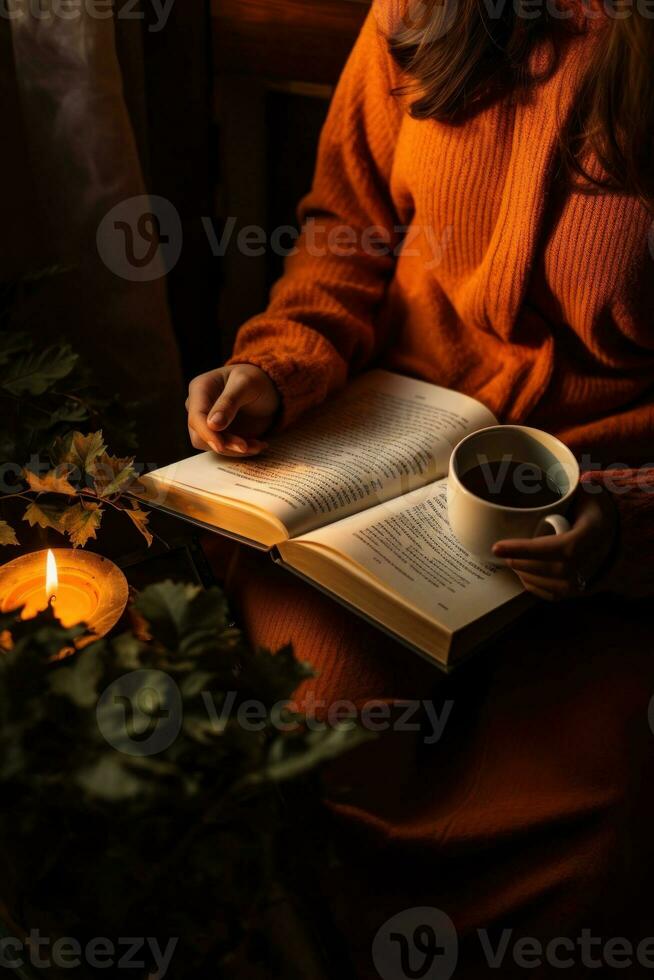 Girl in bed with book photo