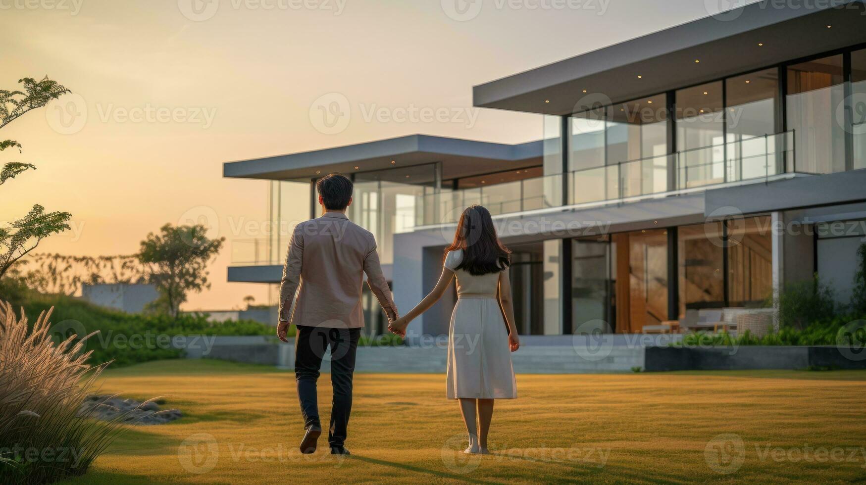 Beautiful young couple outside house at sunset photo