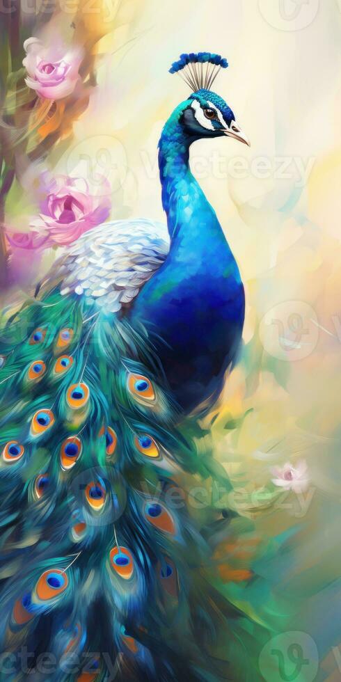 Peacock on oil painting of colorful artworks photo