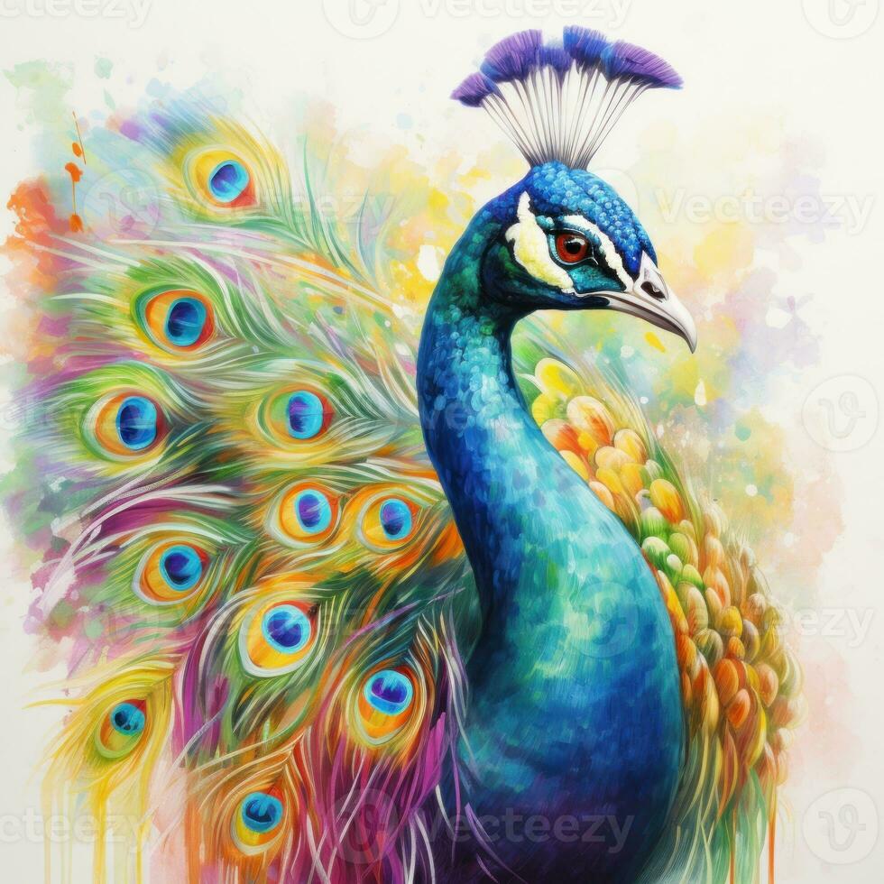 Peacock on oil painting of colorful artworks photo