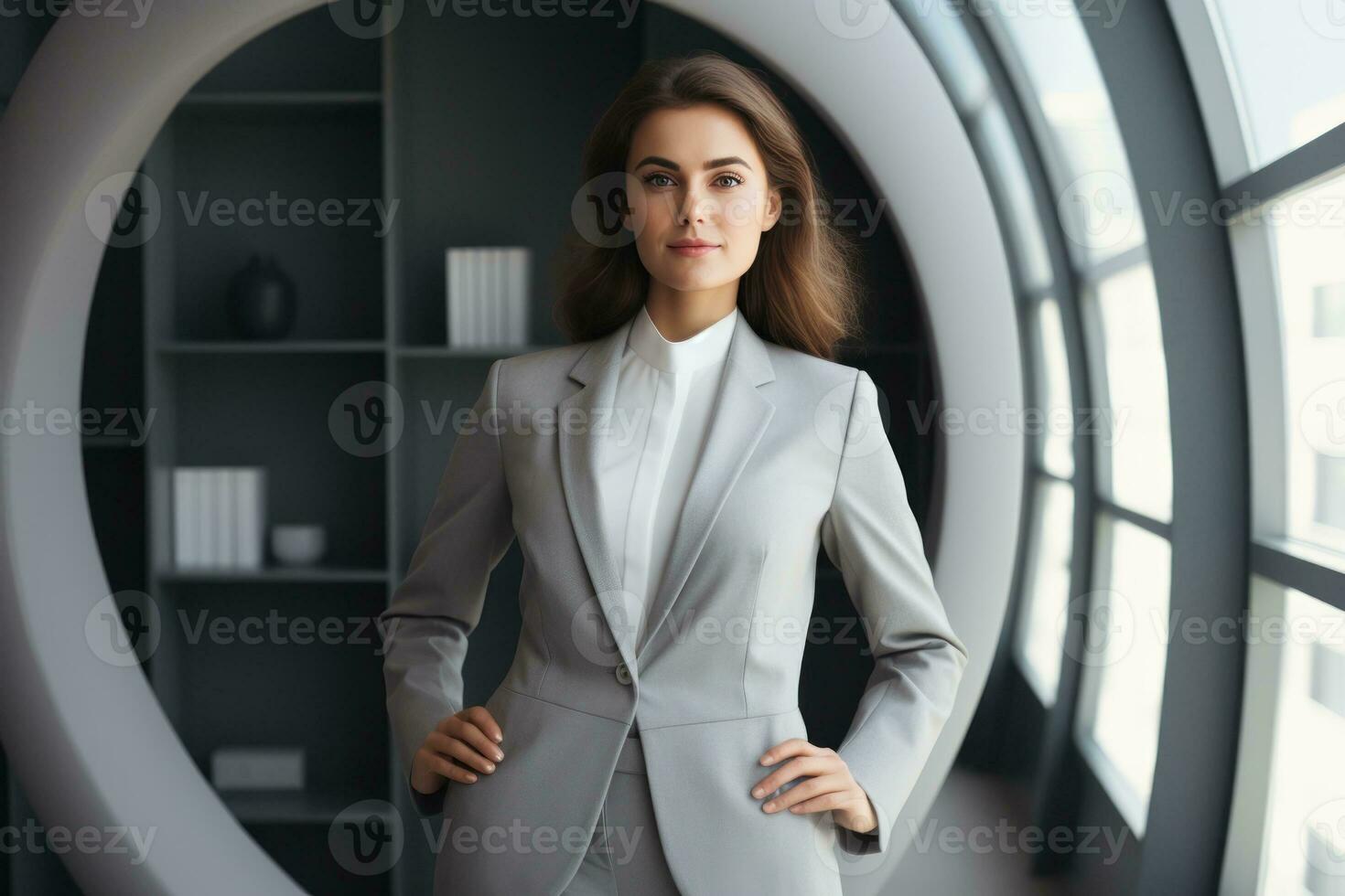 A business woman standing in a grey suit in the office photo