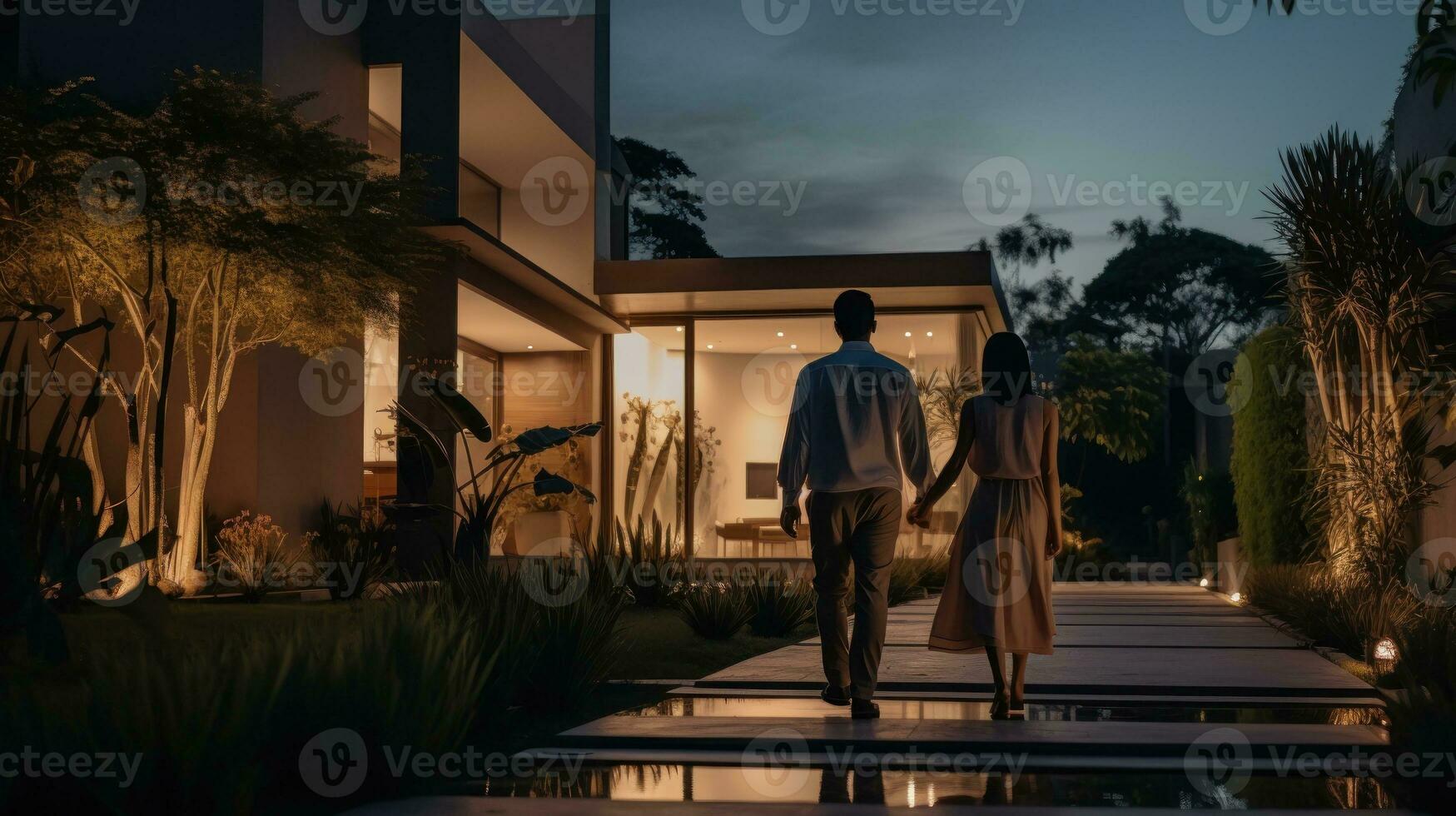 Beautiful young couple outside house at sunset photo