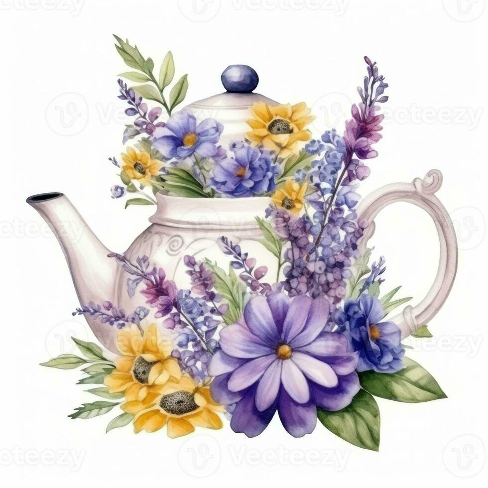 Watercolor teapot with flowers isolated photo