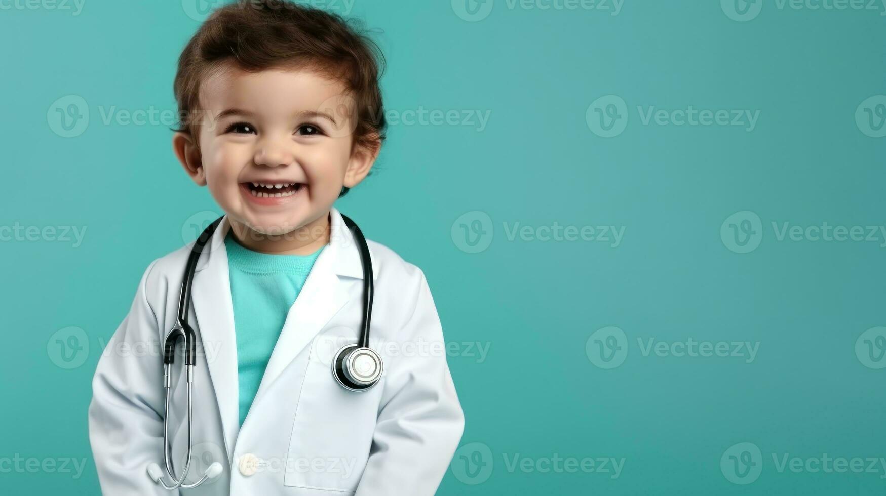 Cute child in doctor coat with stethoscope on color background photo